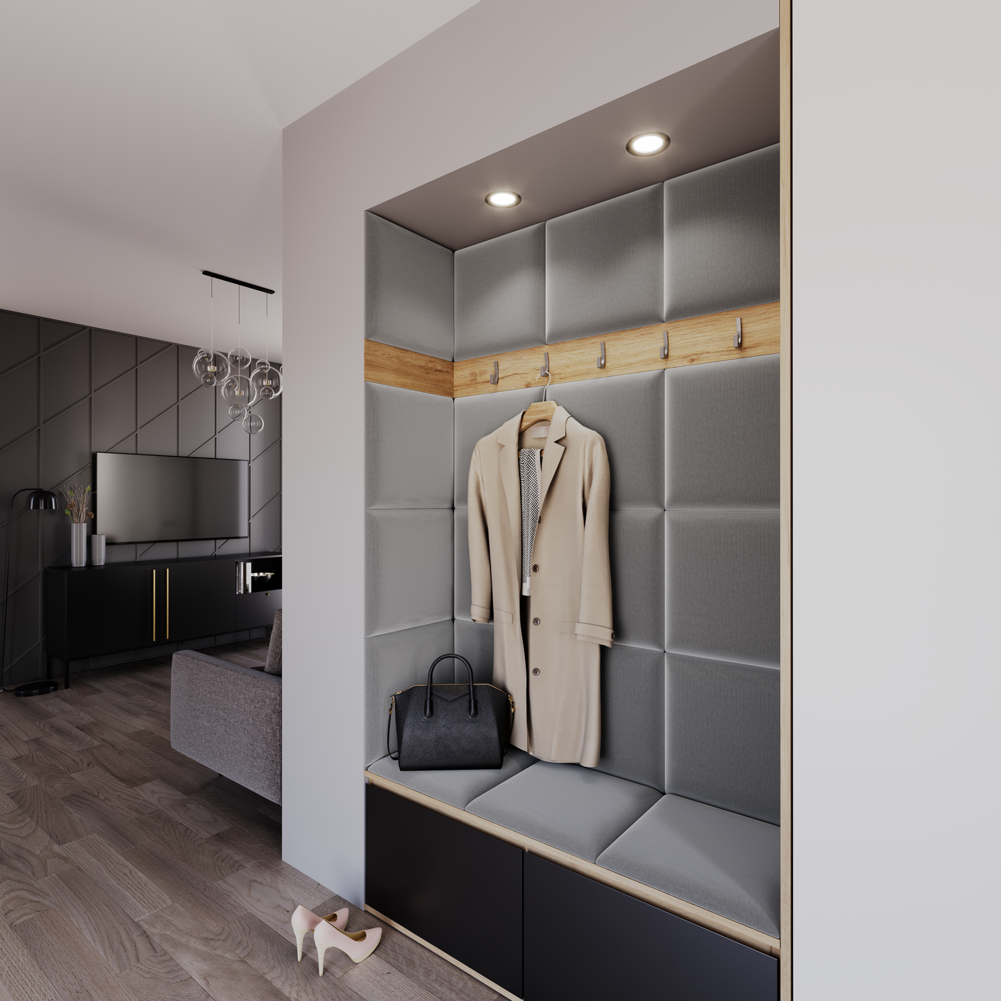 Nowoczesna wnęka wejściowa z wbudowaną ławką i metalowymi haczykami na ubrania; ściany i sufit wyściełane panelami Quadratta III Monolith 85 w szarym odcieniu, pełniącymi funkcję tapicerowanego zagłówka i ochrony ściany.