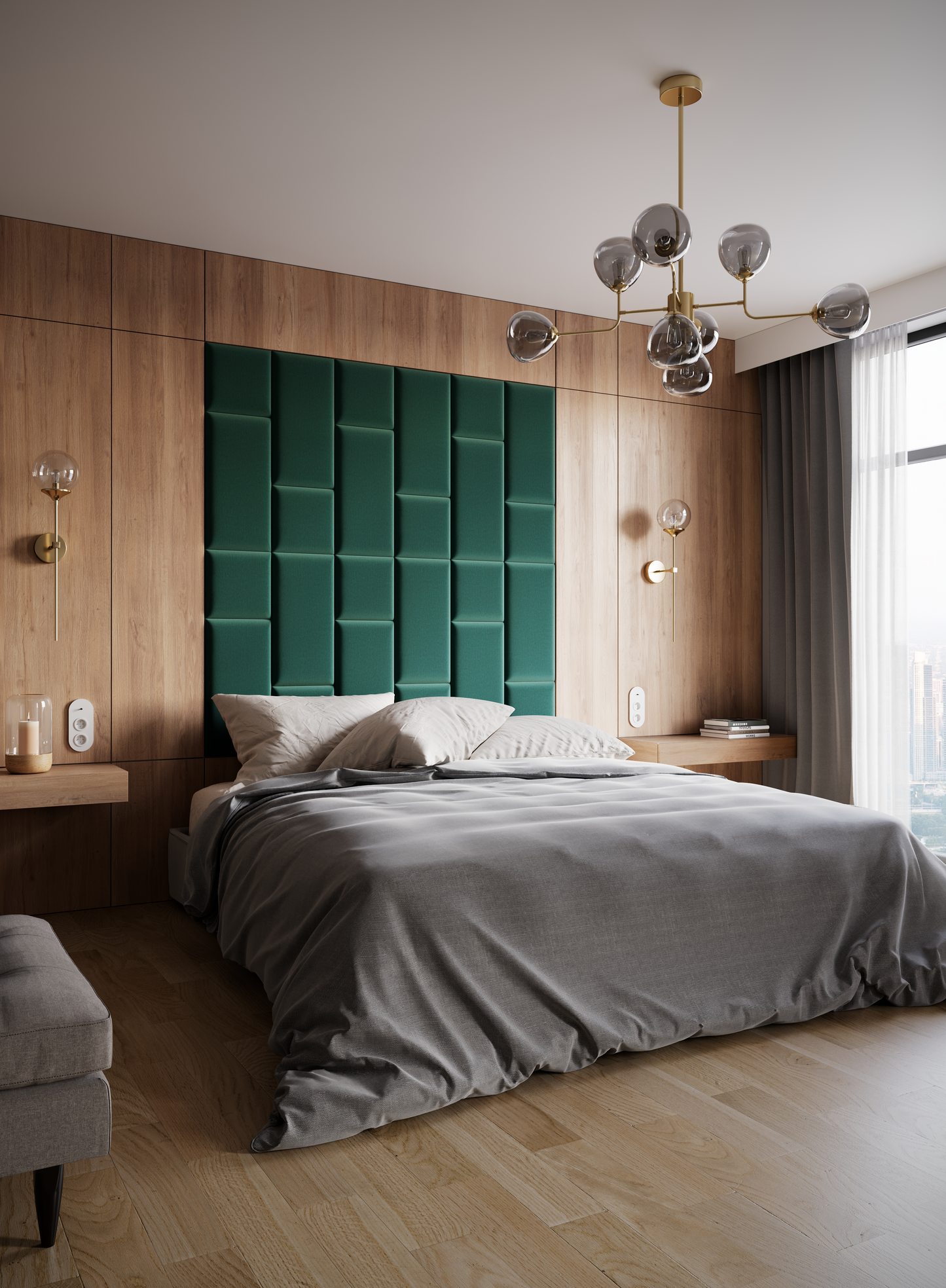 Nowoczesna sypialnia z drewnianą ścianą za wezgłowiem; na środku zawieszono zielone panele Quadratta VII Monolith 37, pełniące funkcję tapicerowanego zagłówka i izolacji akustycznej.