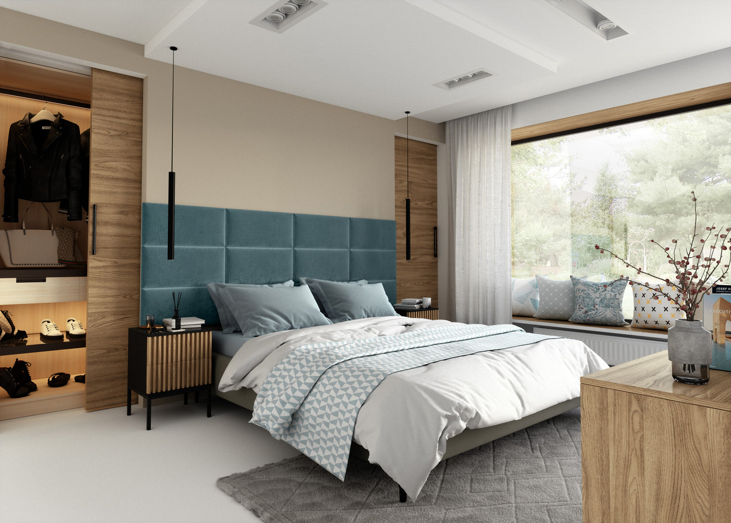 Nowoczesna sypialnia z białym łóżkiem i drewnianą szafą wnękową; nad wezgłowiem zamontowano szary panel akustyczny Quadratta X Monolith 85 o dwurzędowej konstrukcji, pełniący funkcję tapicerowanego zagłówka i izolacji akustycznej.