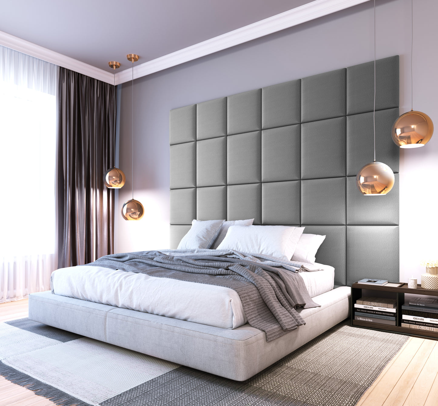 Nowoczesna sypialnia z łóżkiem opartym o wysoki zagłówek z paneli Quadratta XI Monolith 84 jasnoszary, uzupełniona podwieszanymi lampami i stonowanymi tekstyliami.