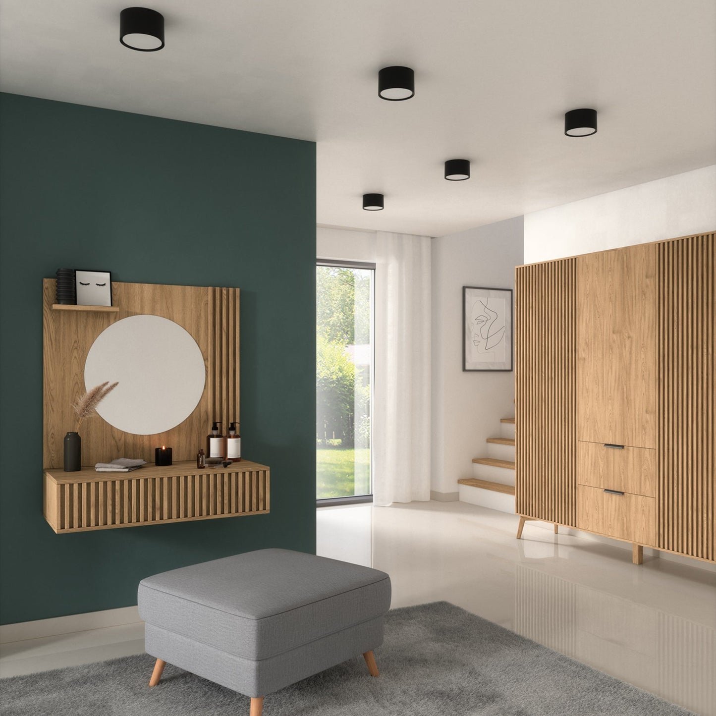 Lampa sufitowa Vallum 1C czarna w aranżacji przedpokoju – plafon LED w nowoczesnym wnętrzu