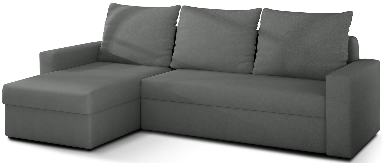 Szary narożnik Livio, układ uniwersalny, funkcja spania i pojemnik, nowoczesny styl