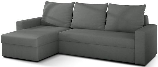 Szary narożnik Livio, układ uniwersalny, funkcja spania i pojemnik, nowoczesny styl