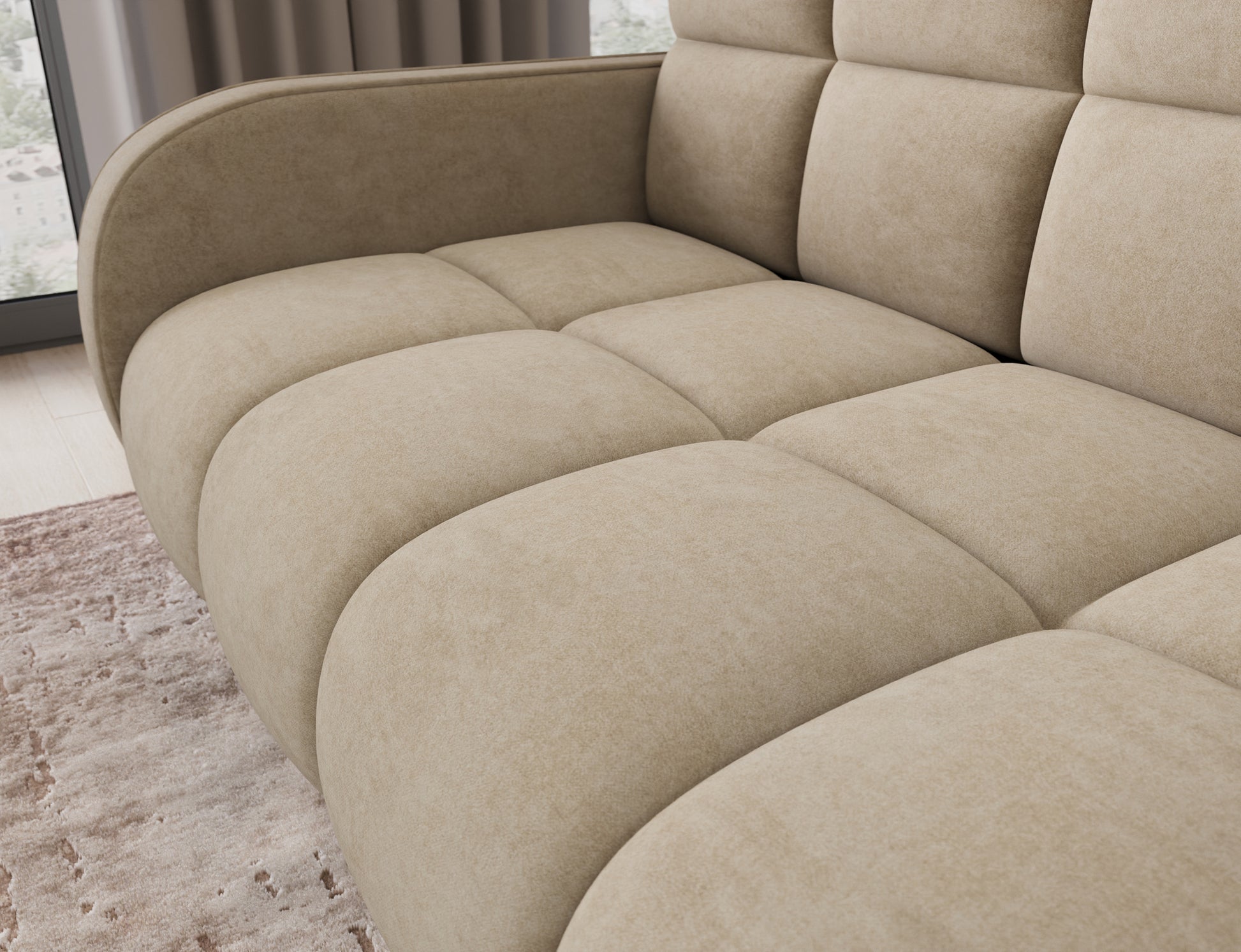 Zbliżenie na siedzisko sofy Deverio Aura 18 kremowy – miękka tapicerka, eleganckie przeszycia i nowoczesny design.