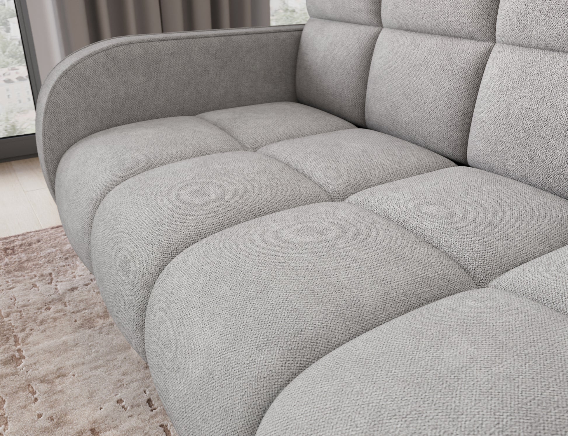 Sofa Deverio Poco 03 jasnoszary – zbliżenie na miękkie siedzisko z dekoracyjnymi przeszyciami, gwarancja komfortu i elegancji.