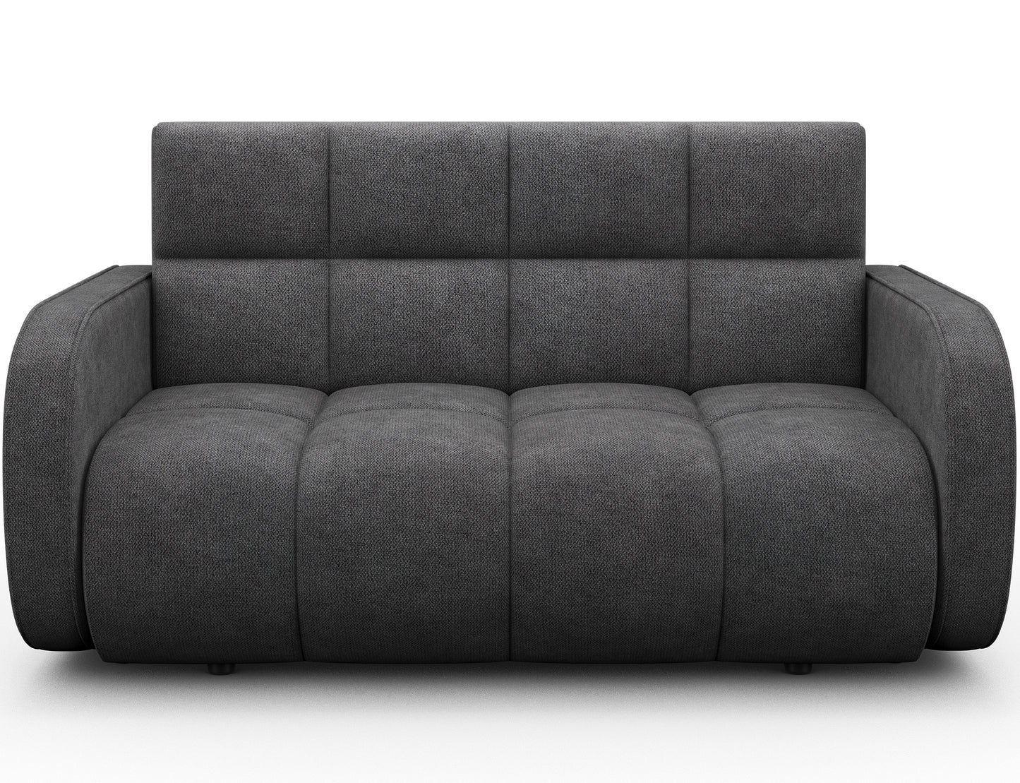 Amerykanka Deverio w tkaninie Poco 04 stalowy – nowoczesna sofa z funkcją spania i pojemnikiem, idealna do stylowych wnętrz.
