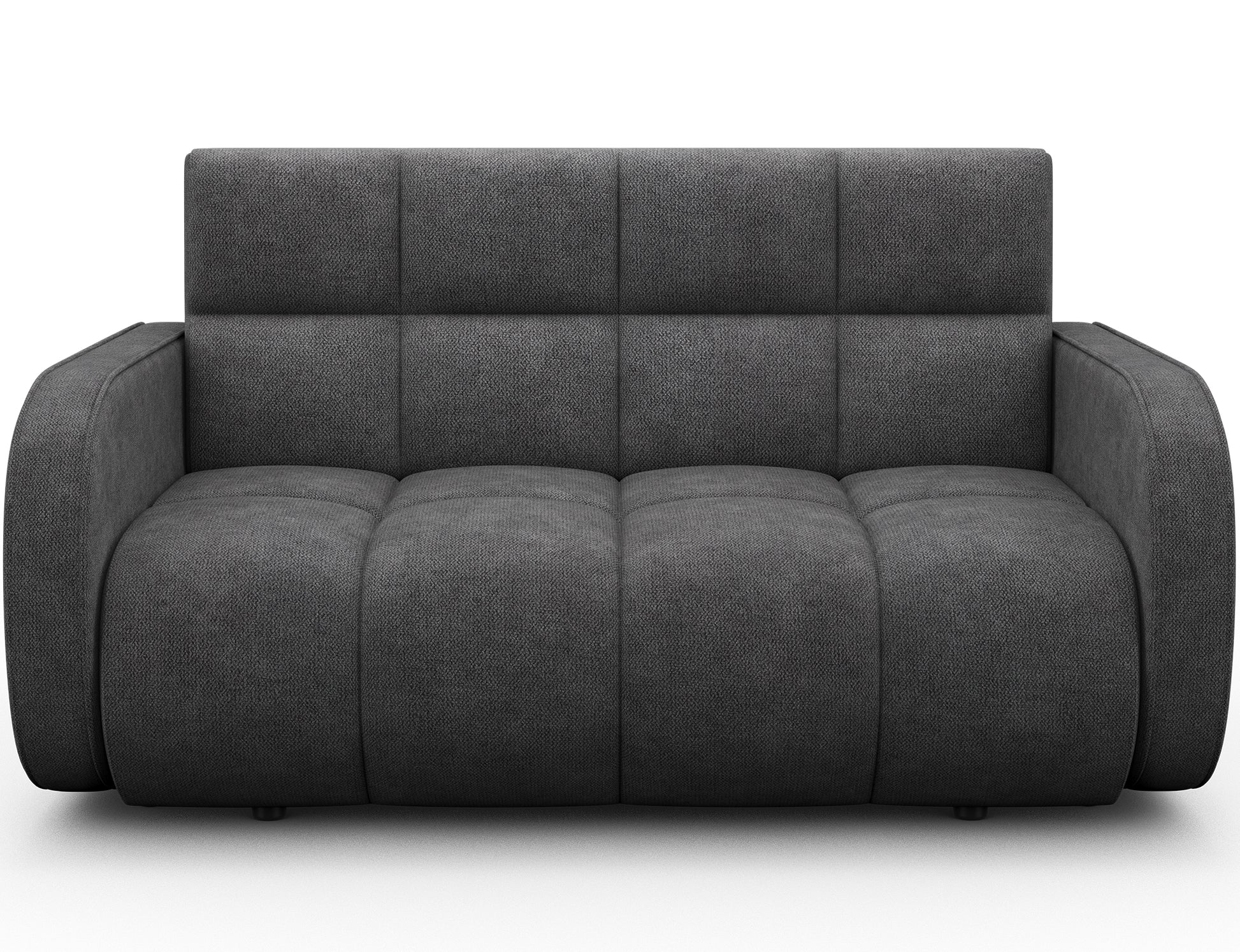 Amerykanka Deverio w tkaninie Poco 04 stalowy – nowoczesna sofa z funkcją spania i pojemnikiem, idealna do stylowych wnętrz.