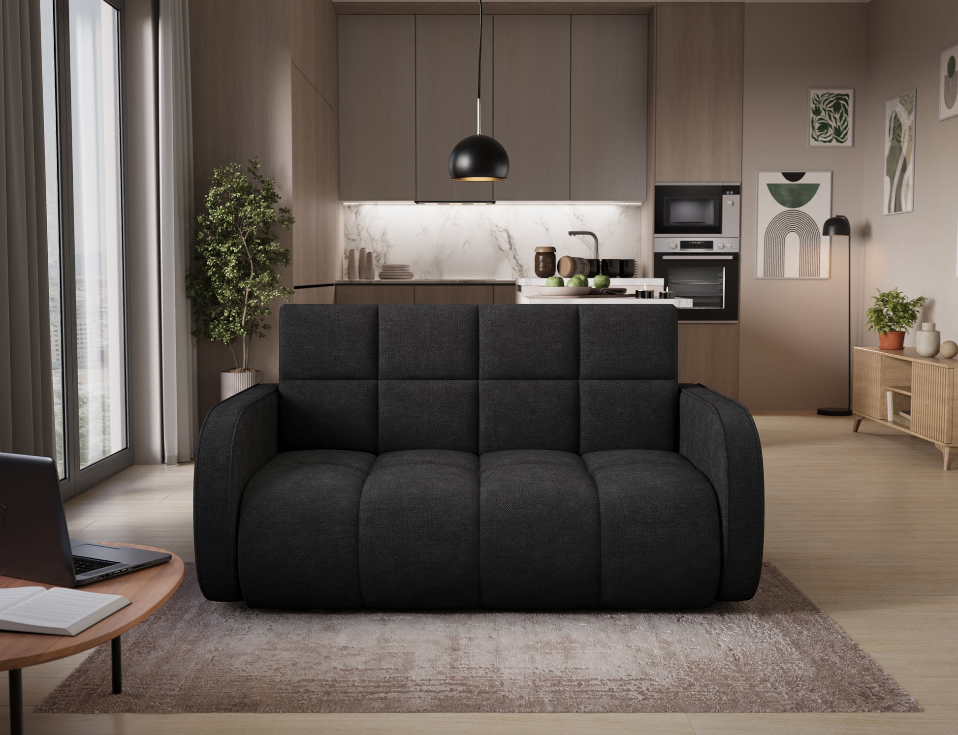 Amerykanka Deverio Poco 10 czarny – widok frontowy, designerska sofa rozkładana w czarnej tkaninie do eleganckiego salonu