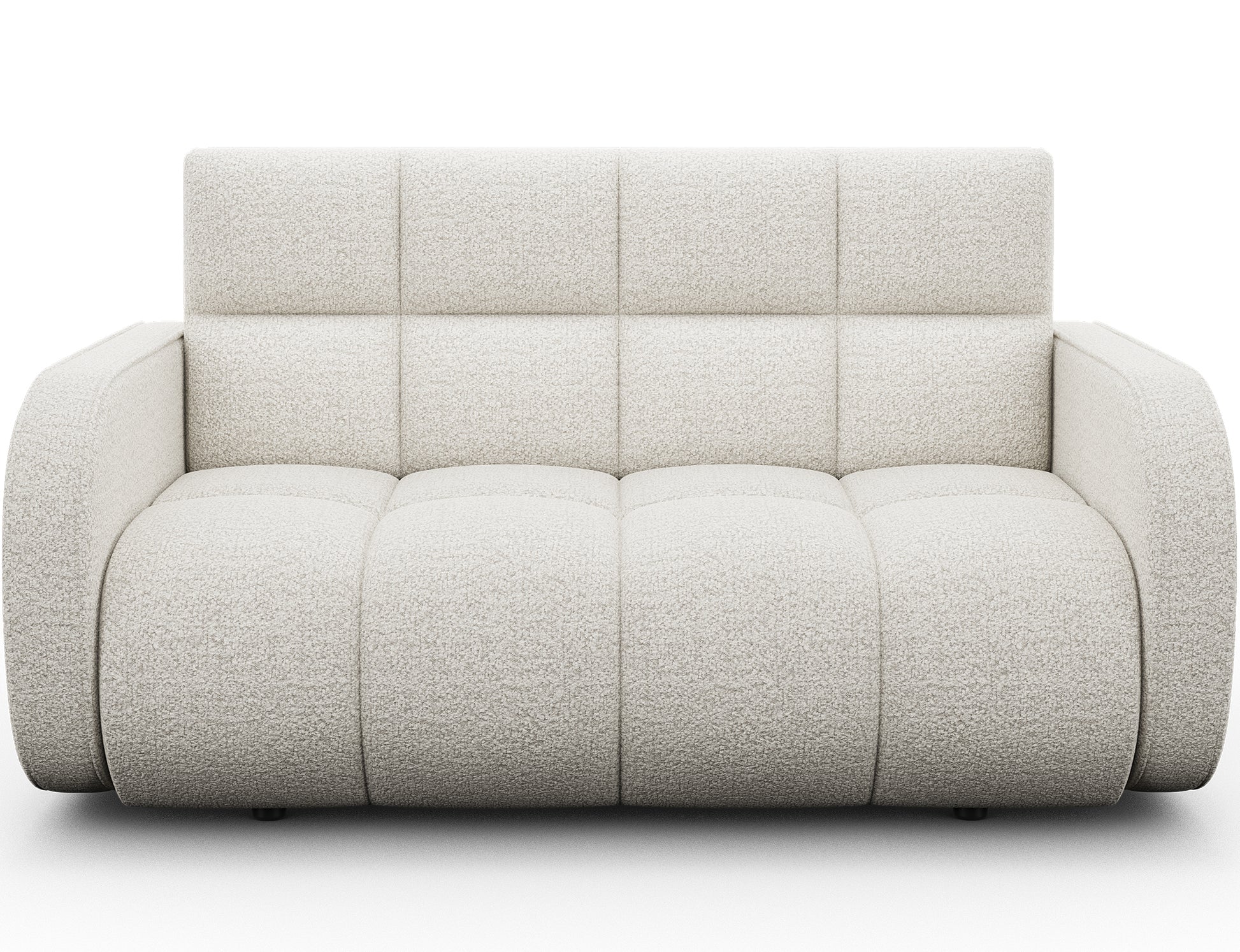 Amerykanka Deverio Royal 01 biały boucle – sofa z funkcją spania i pojemnikiem, nowoczesny design do małych wnętrz.