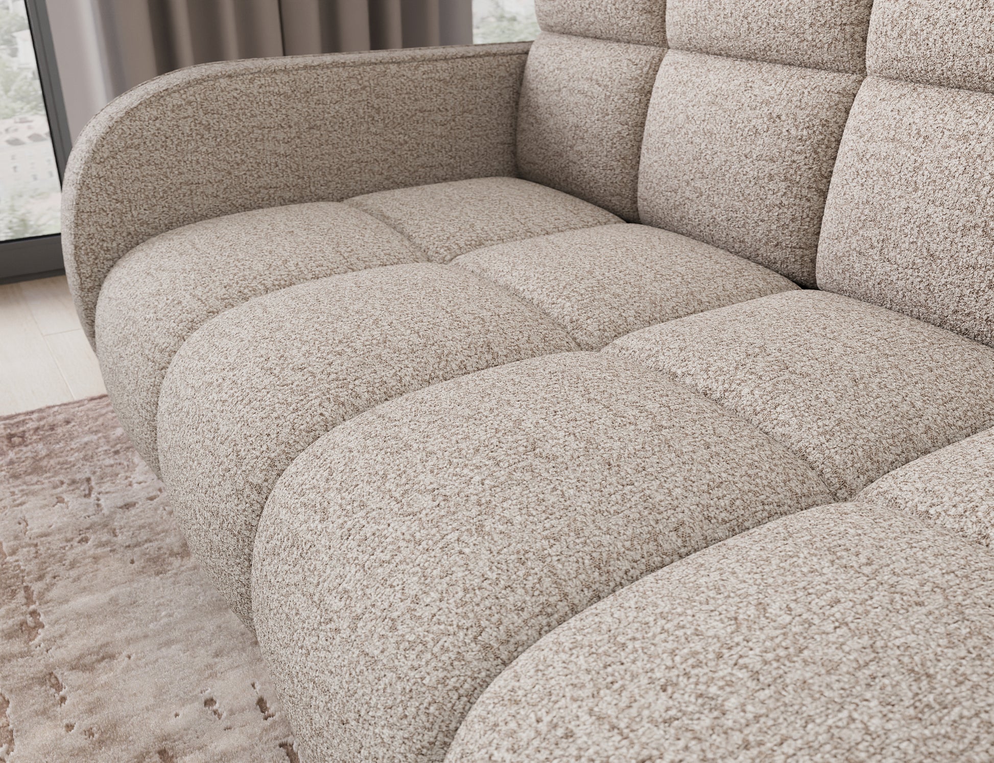 Sofa Deverio Royal 18 jasnobeżowy boucle – detal miękkiego siedziska z przeszyciami podkreślającymi komfort i elegancję.