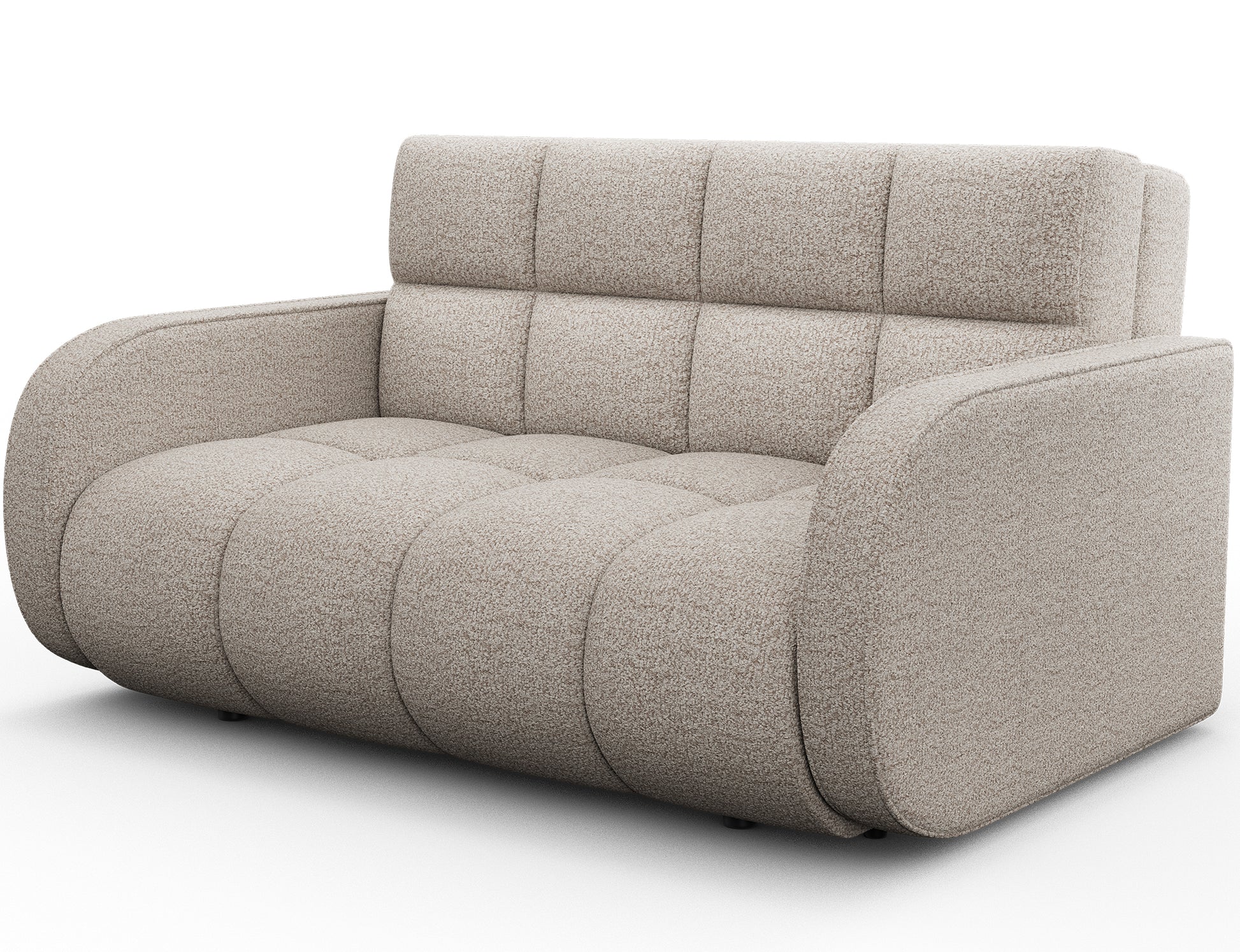 Sofa Deverio Royal 18 jasnobeżowy boucle – kompaktowa amerykanka z funkcją spania i pojemnikiem, widok z boku.