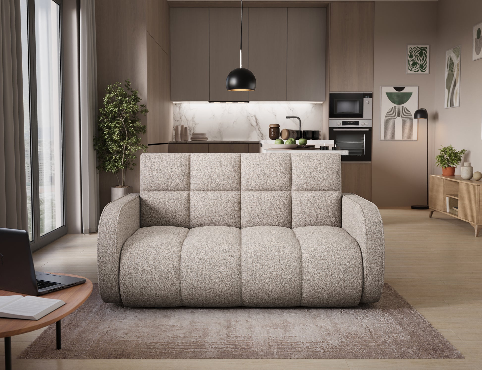 Amerykanka Deverio Royal 18 jasnobeżowy boucle – sofa z funkcją spania i pojemnikiem, nowoczesny wybór do salonu.