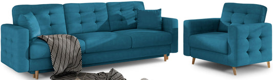 Sofa i fotel Asgard Kronos w odcieniu niebieskim tworzą spójny zestaw do salonu. Nowoczesna forma łączy estetykę z komfortem użytkowania.
