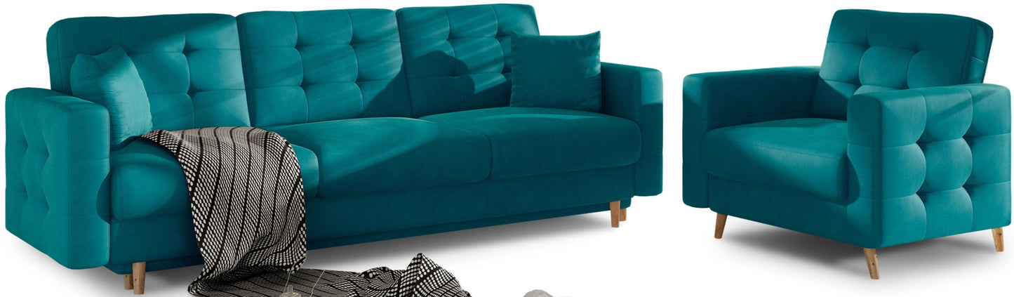 Zielony komplet wypoczynkowy Asgard Matt Velvet 75 z sofą i fotelem. Miękka tapicerka typu velvet podkreśla elegancki charakter mebli.
