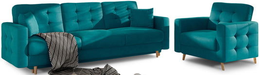 Zielony komplet wypoczynkowy Asgard Matt Velvet 75 z sofą i fotelem. Miękka tapicerka typu velvet podkreśla elegancki charakter mebli.
