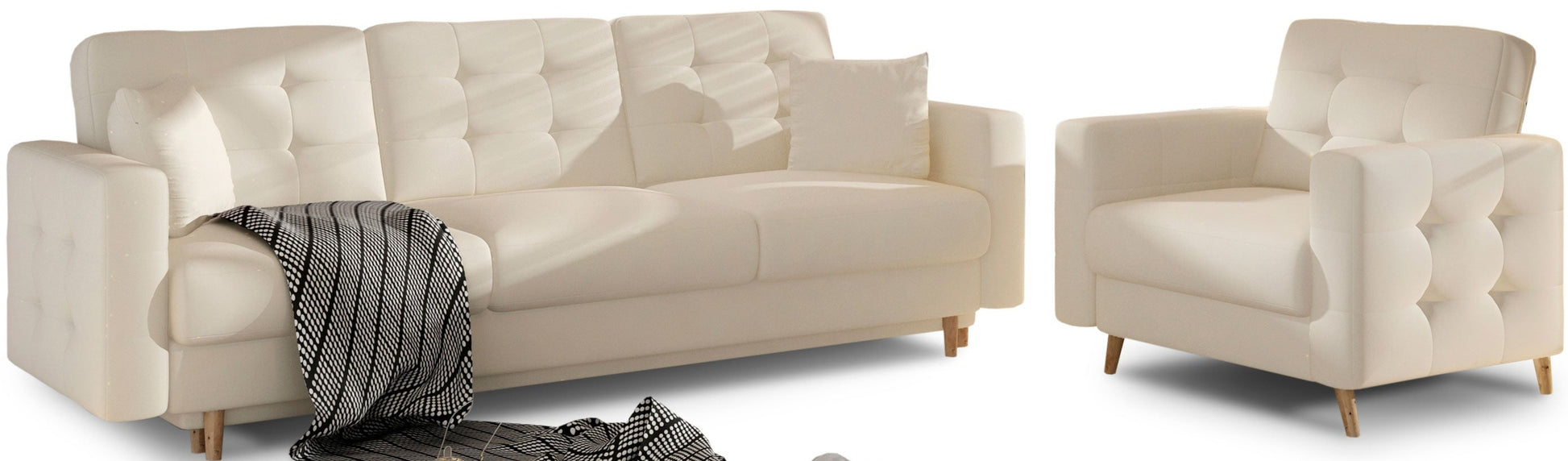 Jasnobeżowy komplet wypoczynkowy Asgard Soft 33 z sofą i fotelem. Delikatna kolorystyka wprowadza do wnętrza lekkość i elegancki styl.
