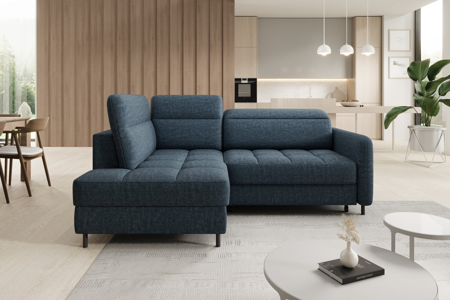 Narożnik Barea Manhattan 40 granatowy, układ lewy – aranżacja w salonie