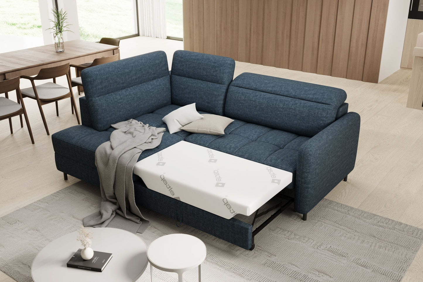 Narożnik Barea Manhattan 40 granatowy, układ lewy – rozłożona funkcja spania Delfin