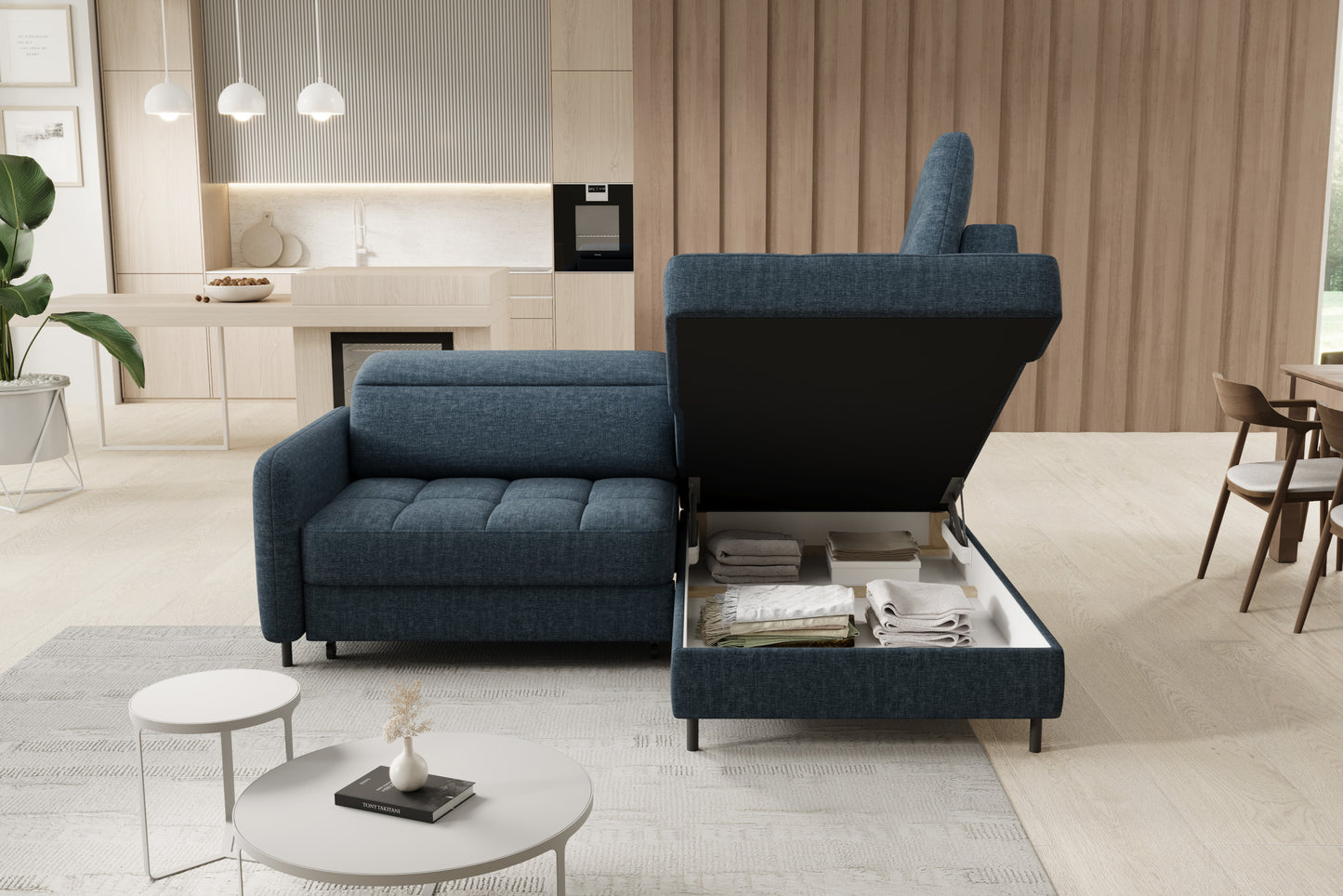 Narożnik Barea Manhattan 40 granatowy, układ prawy – otwarty pojemnik na pościel