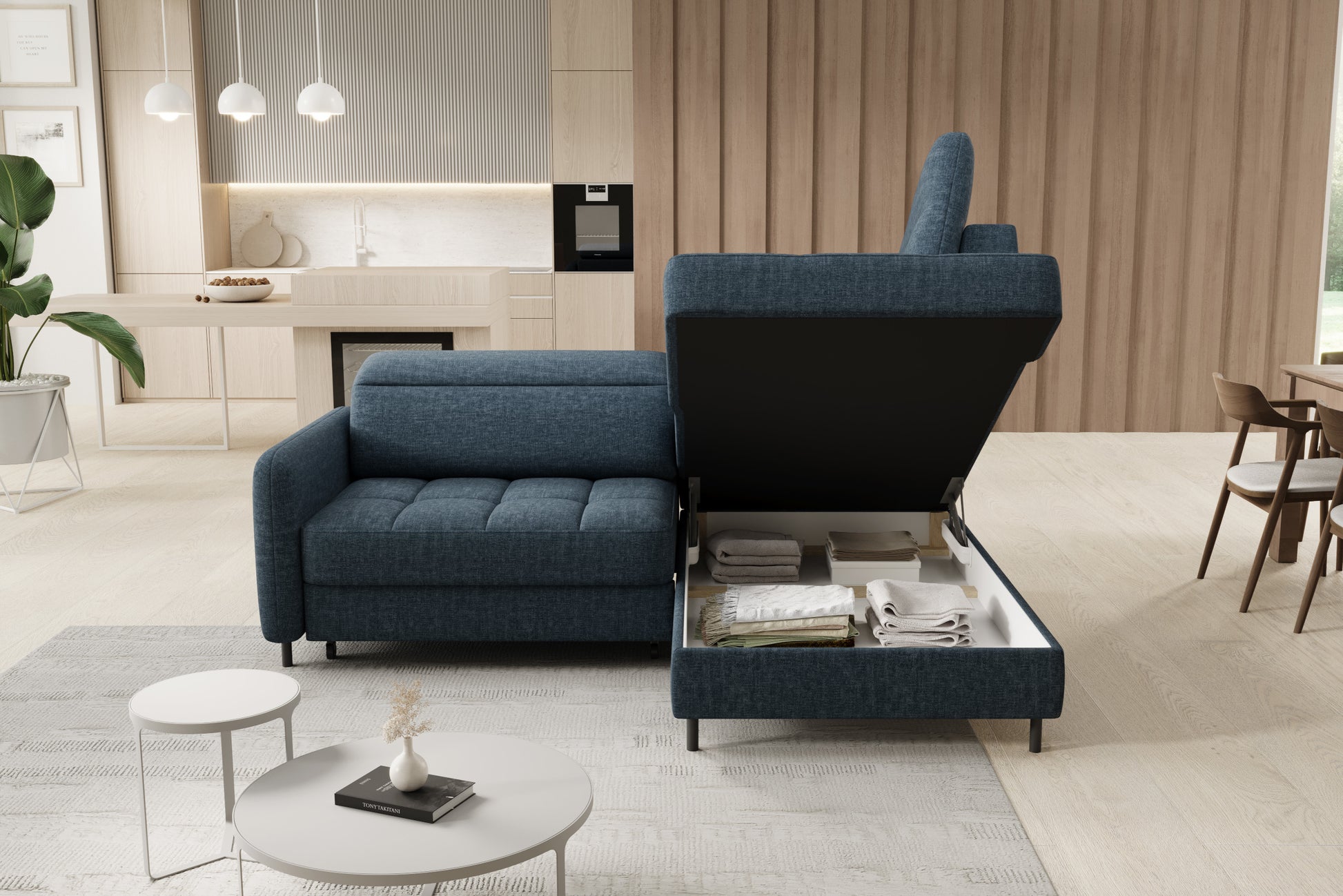 Narożnik Barea Manhattan 40 granatowy, układ prawy – otwarty pojemnik na pościel