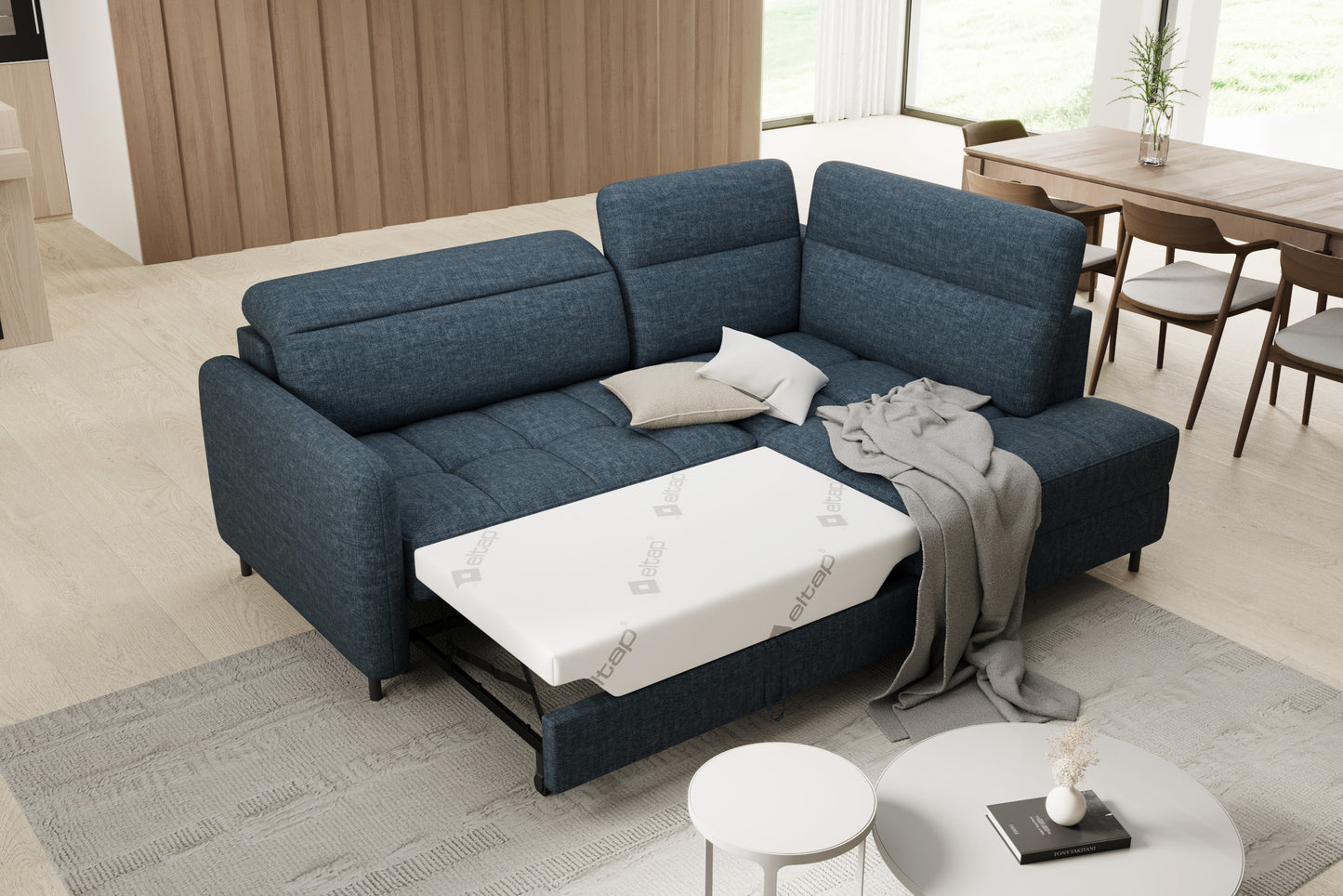 Narożnik Barea Manhattan 40 granatowy, układ prawy – rozłożona funkcja spania Delfin