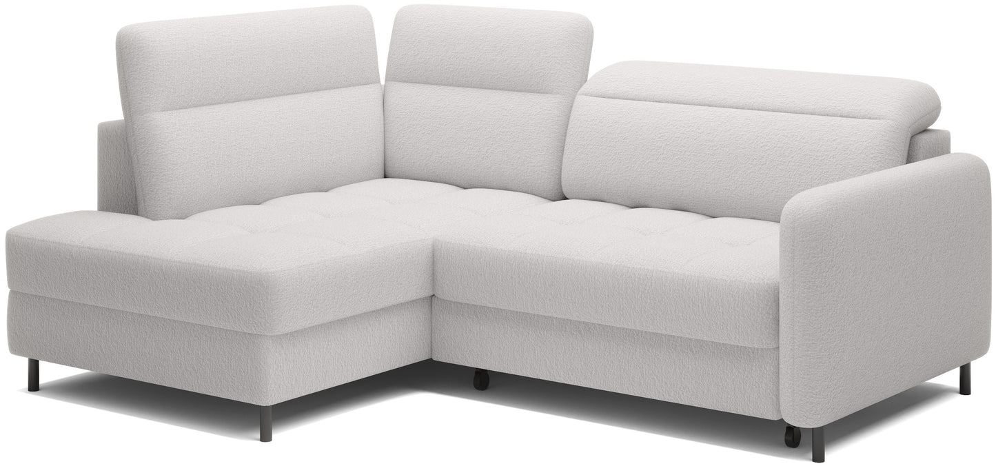 Boczny widok narożnika Barea Royal 01 biały – podłokietnik i metalowe, malowane proszkowo nogi.