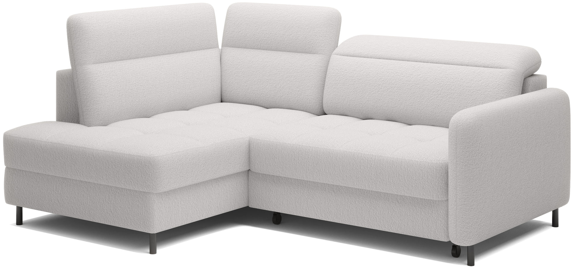 Boczny widok narożnika Barea Royal 01 biały – podłokietnik i metalowe, malowane proszkowo nogi.