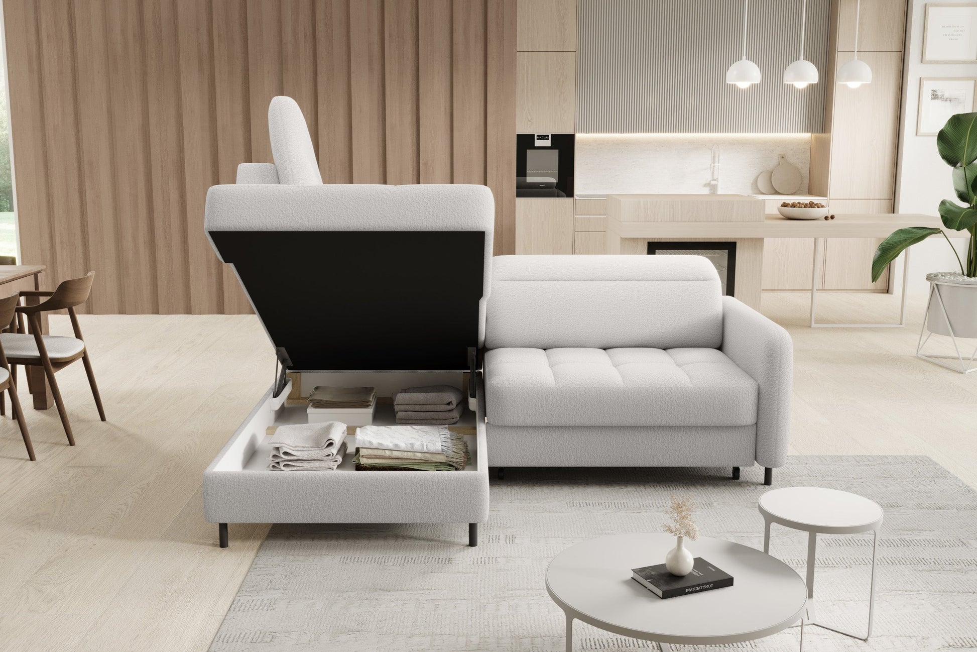 Narożnik Barea Royal 01 biały, układ lewy – otwarty pojemnik na pościel pod otomana.