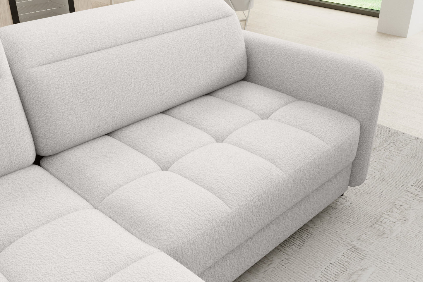 Zbliżenie siedziska narożnika Barea Royal 01 biały – sprężysta pianka i pikowanie.