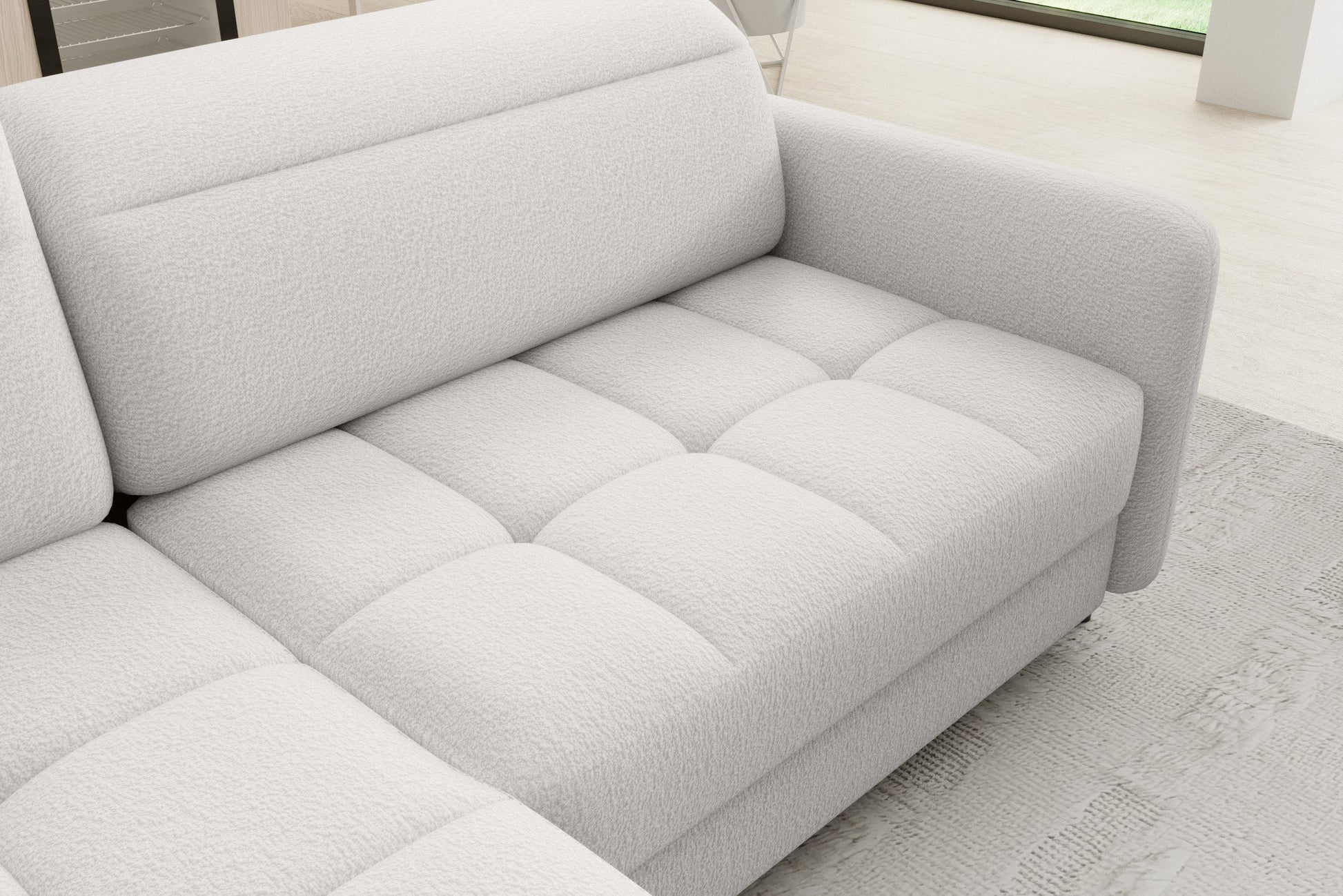 Zbliżenie siedziska narożnika Barea Royal 01 biały – sprężysta pianka i pikowanie.