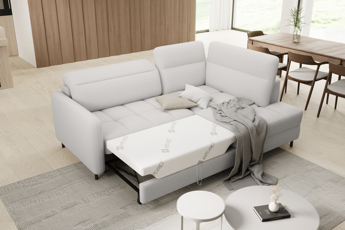 Narożnik Barea Royal 01 biały, układ prawy – rozłożona funkcja spania typu Delfin