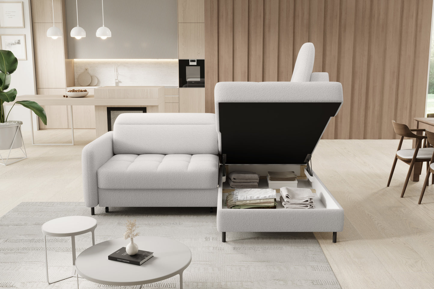 Narożnik Barea Royal 01 biały, układ prawy – pojemnik na pościel pod otomana.