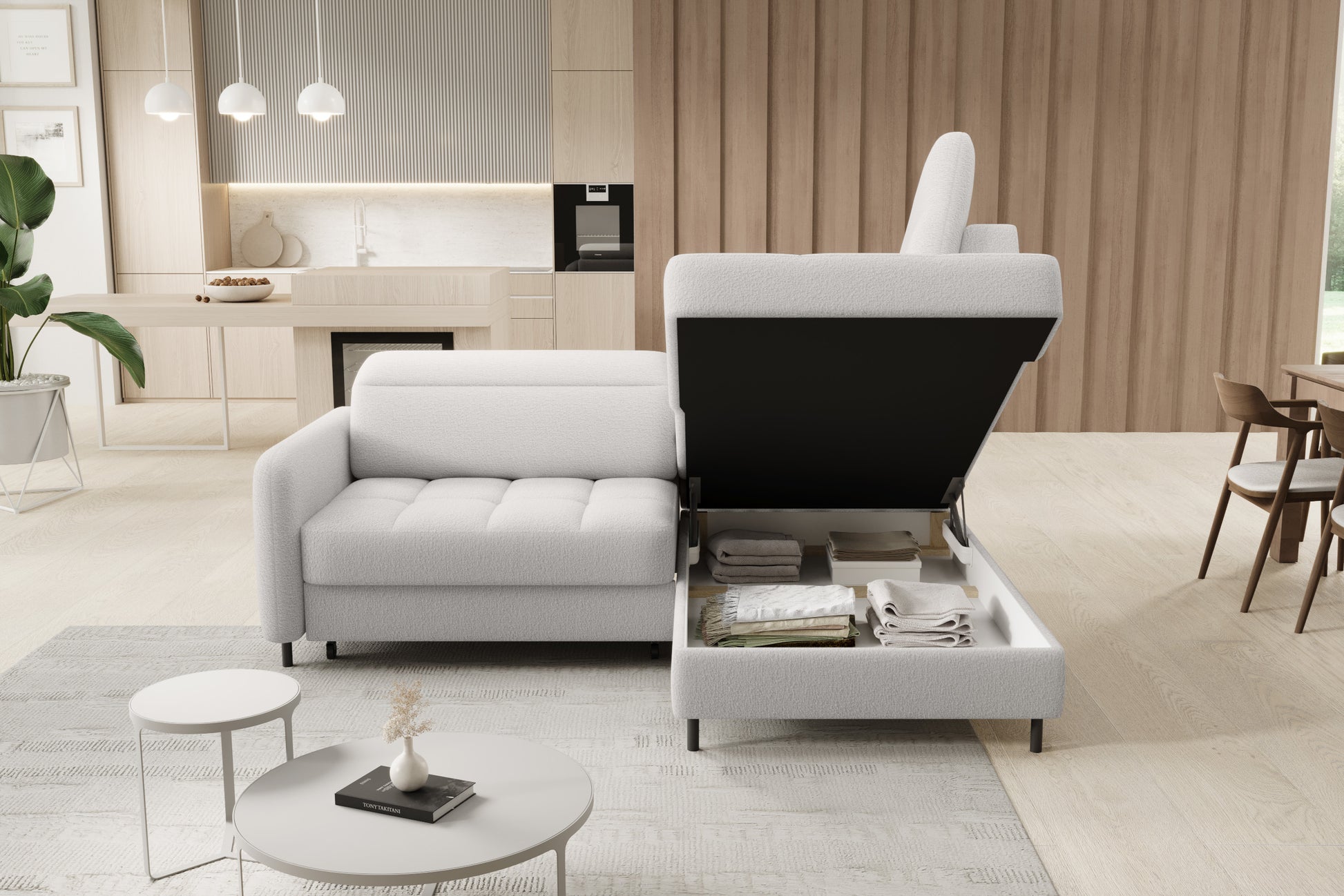 Narożnik Barea Royal 01 biały, układ prawy – pojemnik na pościel pod otomana.