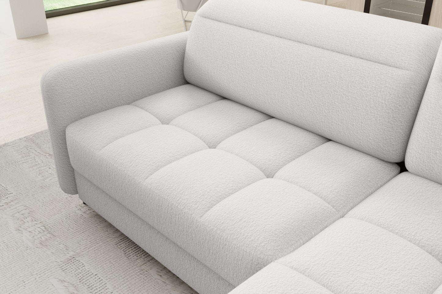 Zbliżenie zagłówków narożnika Barea Royal 01 biały – komfort i regulacja podparcia.