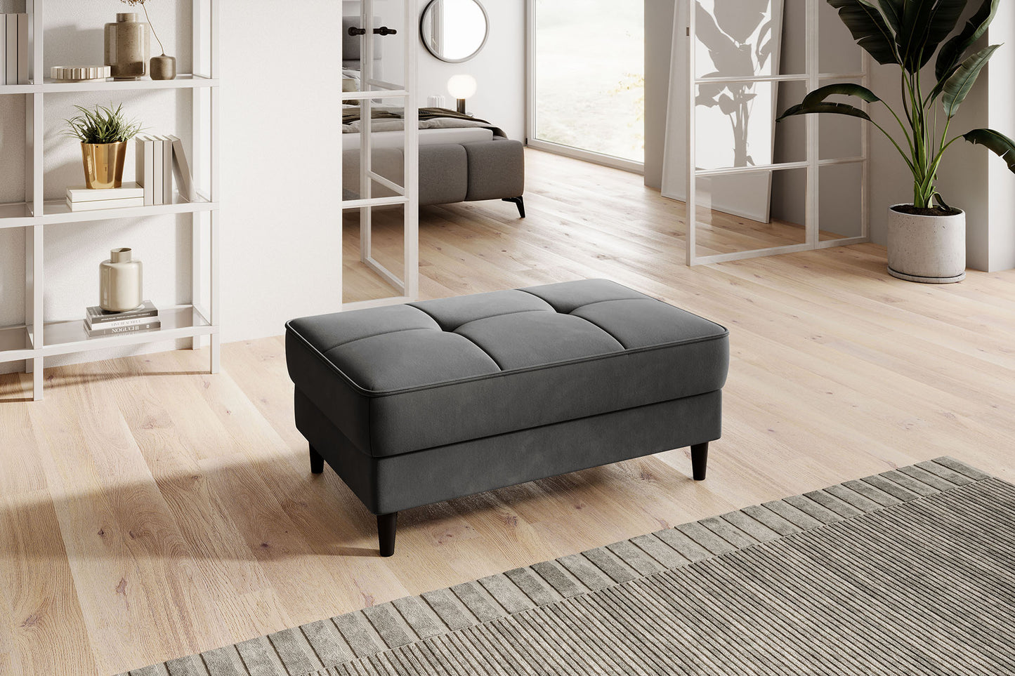 Pufa Bellis Sola 06 w szarym kolorze została wykonana z miękkiej tkaniny o subtelnej strukturze. Minimalistyczny design sprawia, że model dobrze pasuje do wielu aranżacji wnętrz.