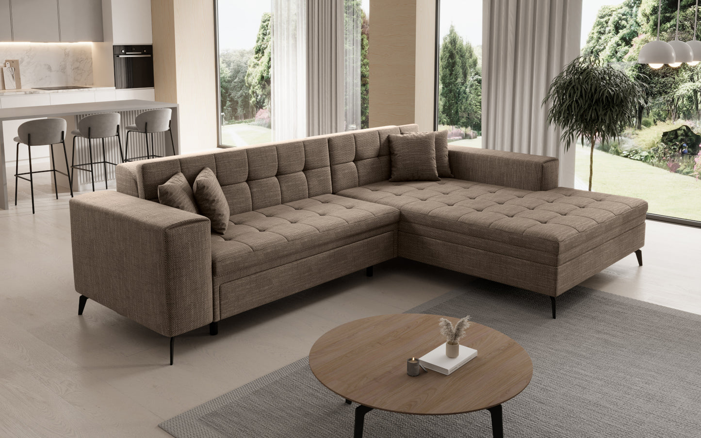 Narożnik Solange prawostronny w kolorze ciemnobeżowym Berlin 03 to elegancki mebel wypoczynkowy do salonu, który oferuje wygodne siedziska i harmonijny design pasujący do klasycznych aranżacji.