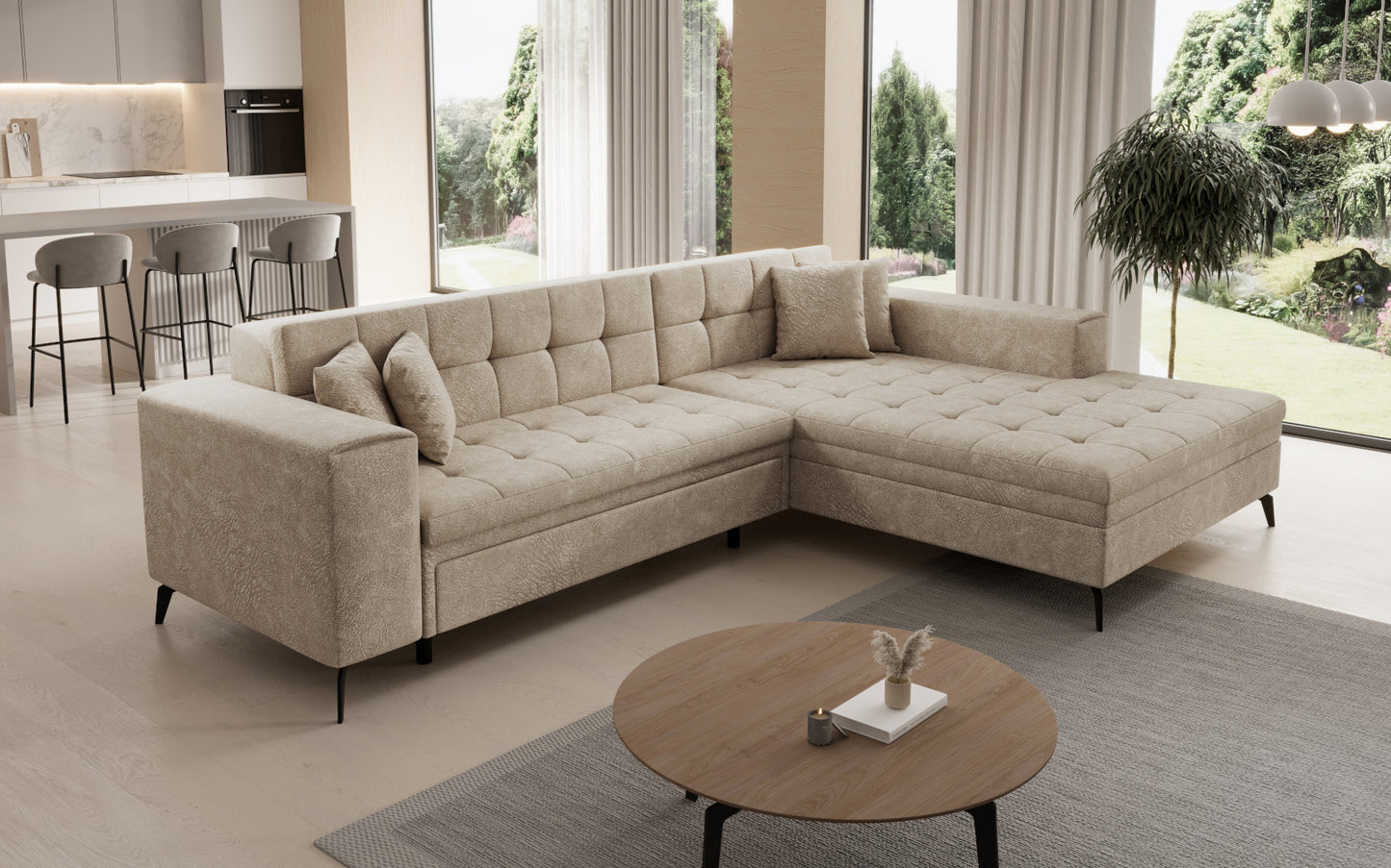 Narożnik Solange prawostronny w kolorze beżowym Dora 21 to stylowy mebel wypoczynkowy do salonu, który oferuje wygodne siedziska i elegancki design pasujący do jasnych aranżacji.