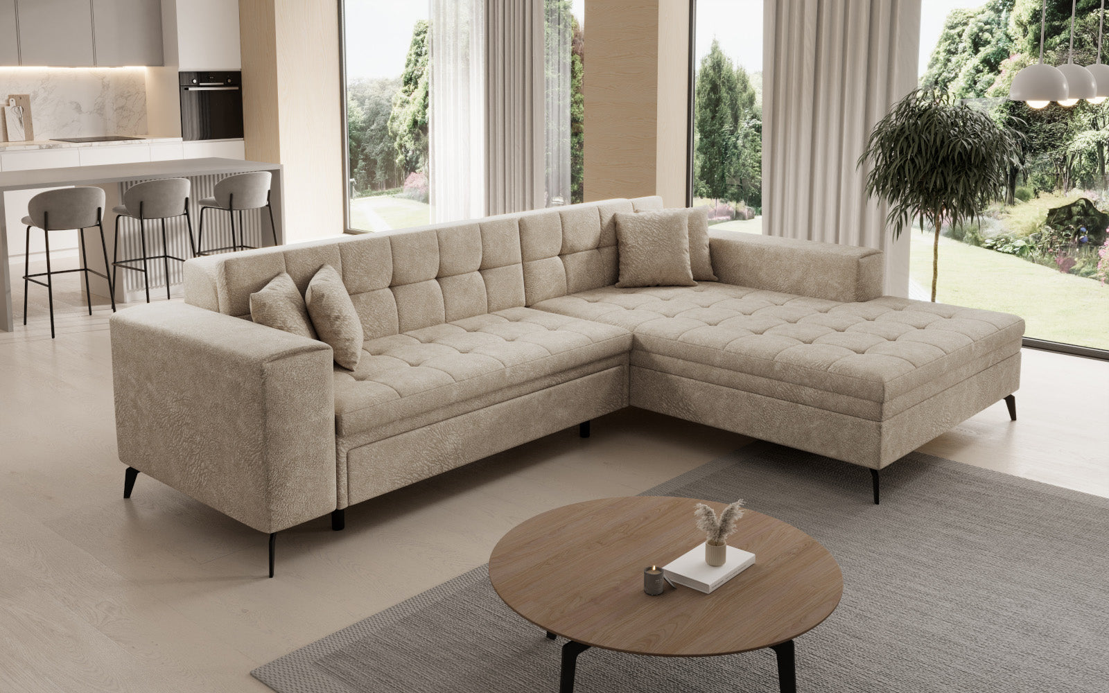 Narożnik Solange prawostronny w kolorze beżowym Dora 21 to stylowy mebel wypoczynkowy do salonu, który oferuje wygodne siedziska i elegancki design pasujący do jasnych aranżacji.