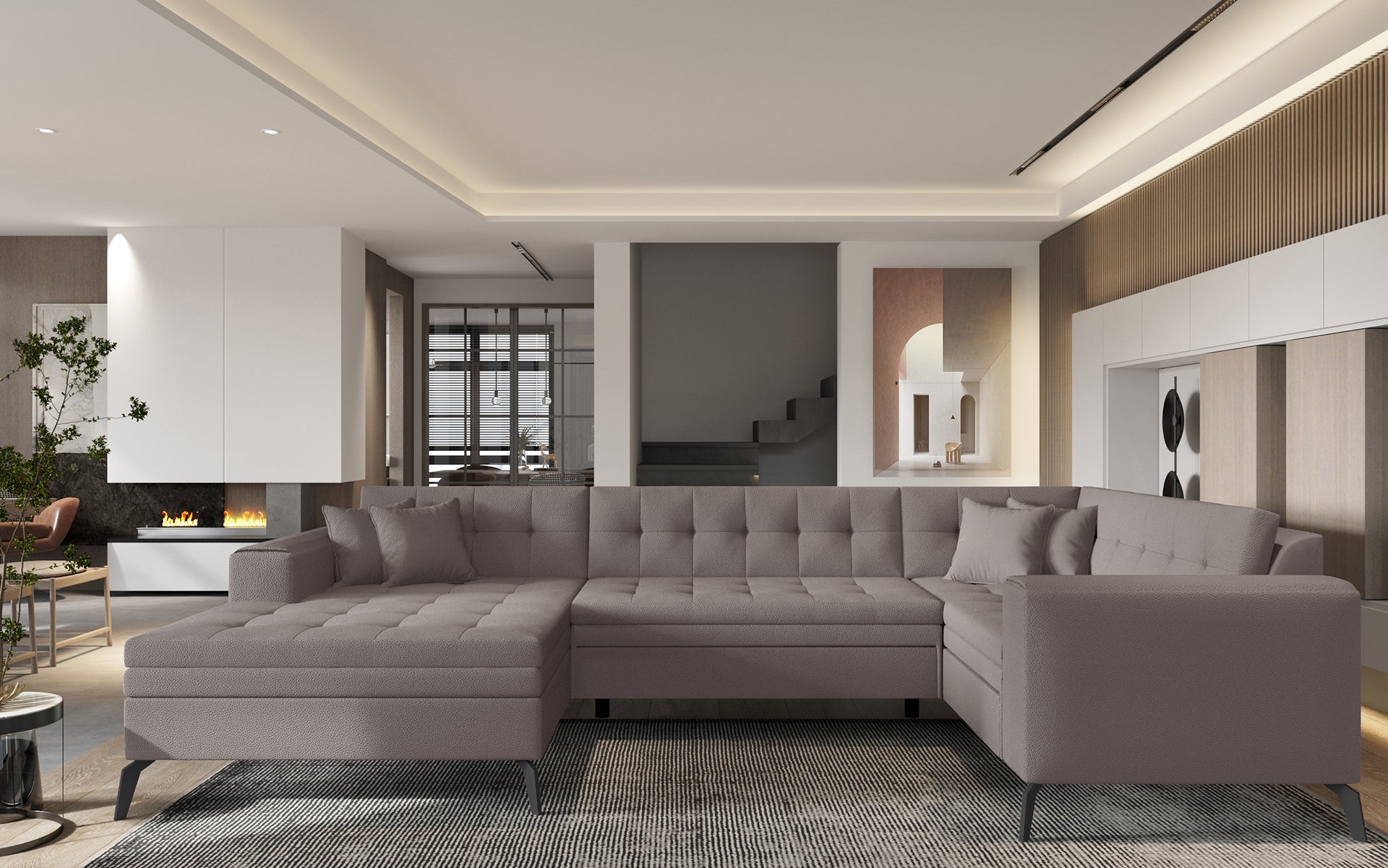 Beżowa sofa narożna Montez wykonana z materiału Savoi 7 doskonale wpisuje się w aranżacje inspirowane naturą, oferując wygodne siedziska oraz estetyczny wygląd dopasowany do jasnych i harmonijnych przestrzeni