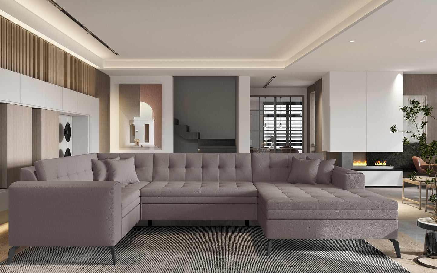 Beżowa sofa narożna Montez wykonana z materiału Savoi 7 doskonale sprawdzi się w przytulnym salonie, oferując wygodne siedziska oraz estetyczny wygląd dopasowany do jasnych i harmonijnych aranżacji