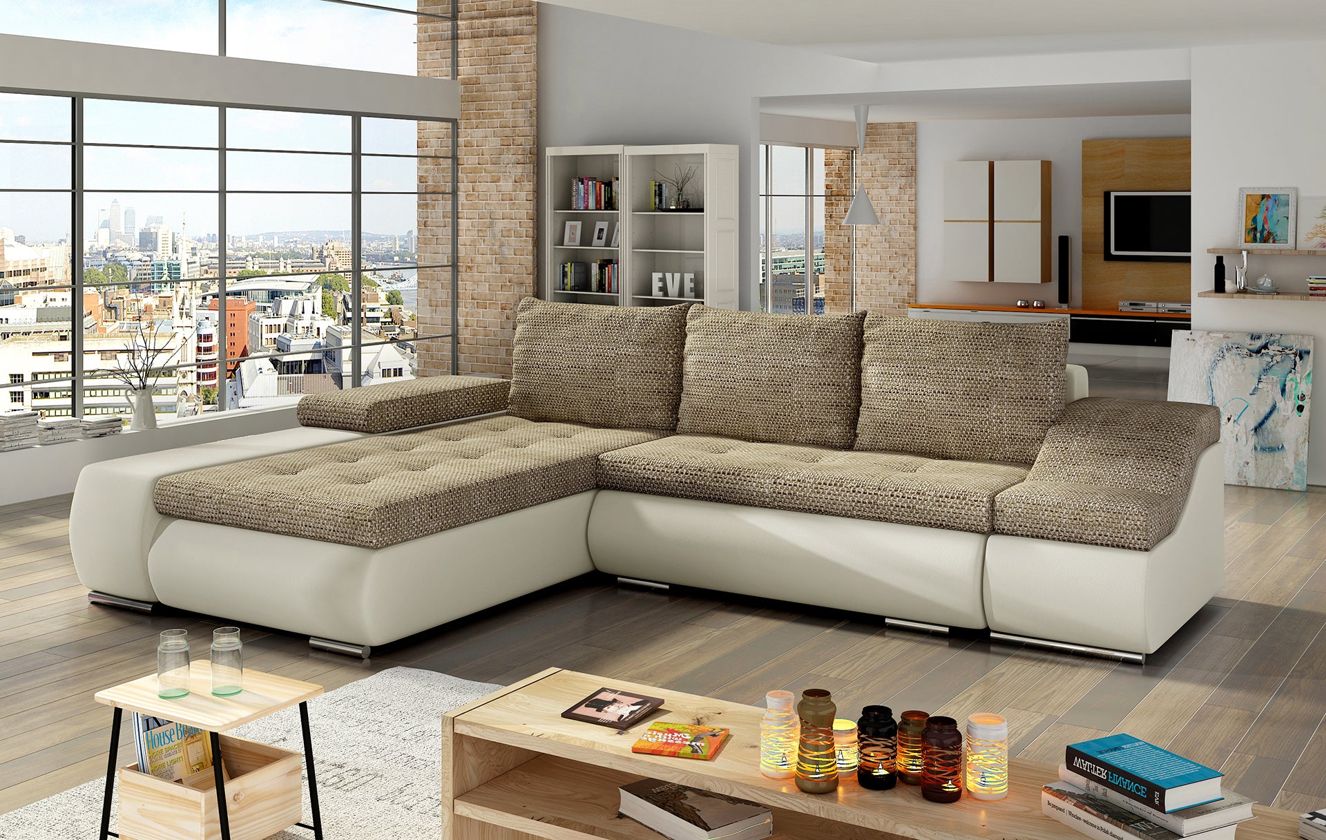 Beżowa sofa narożna Ontario wykonana z materiałów Berlin 03 i Soft 33 to idealne rozwiązanie do jasnych wnętrz, gdzie liczy się przytulność, funkcjonalność oraz estetyczny wygląd dopasowany do nowoczesnych aranżacji