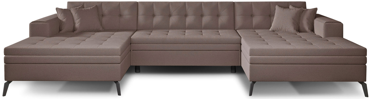 Jasny narożnik Vertizo w beżowym kolorze z tkaniny Savoi 7 to elegancka sofa do salonu, która rozjaśnia przestrzeń i tworzy przytulne miejsce do wypoczynku, idealne dla rodzin ceniących komfort i subtelny styl wnętrza