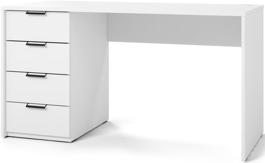 Białe biurko Barold 140x60 cm z czterema szufladami i czarnymi uchwytami, minimalistyczny design.