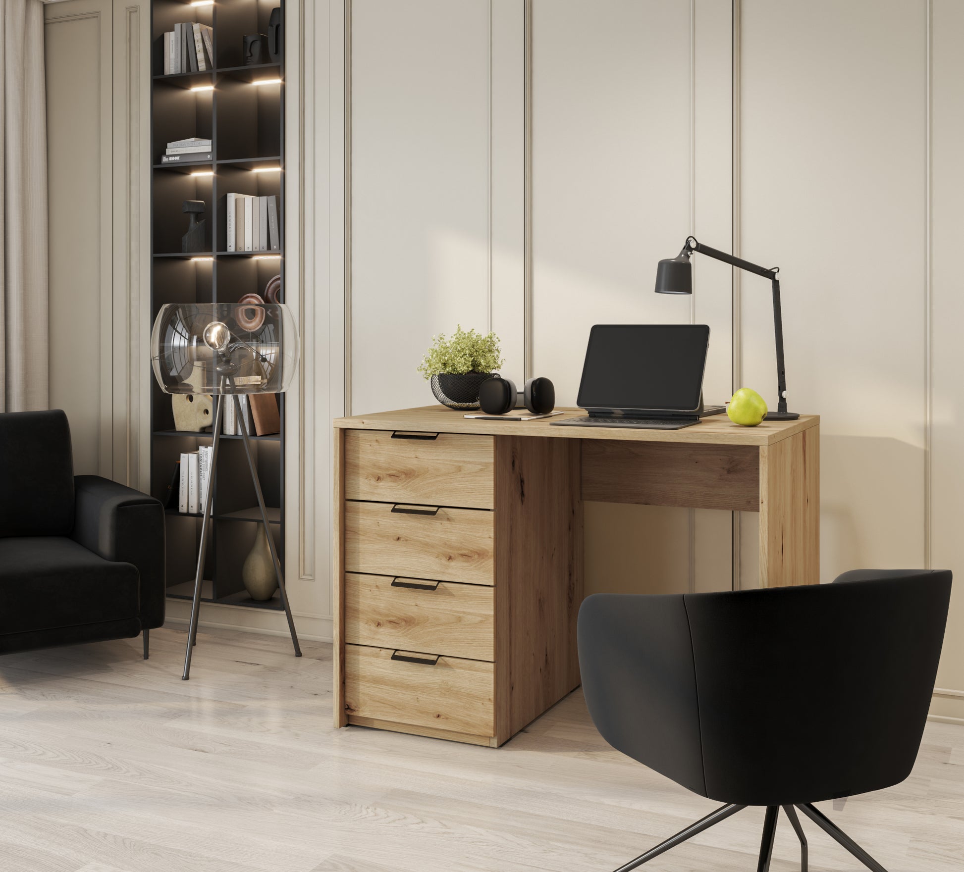 Nowoczesne biurko Barold 140x60 z pojemnymi szufladami, drewniane wykończenie, styl loft.