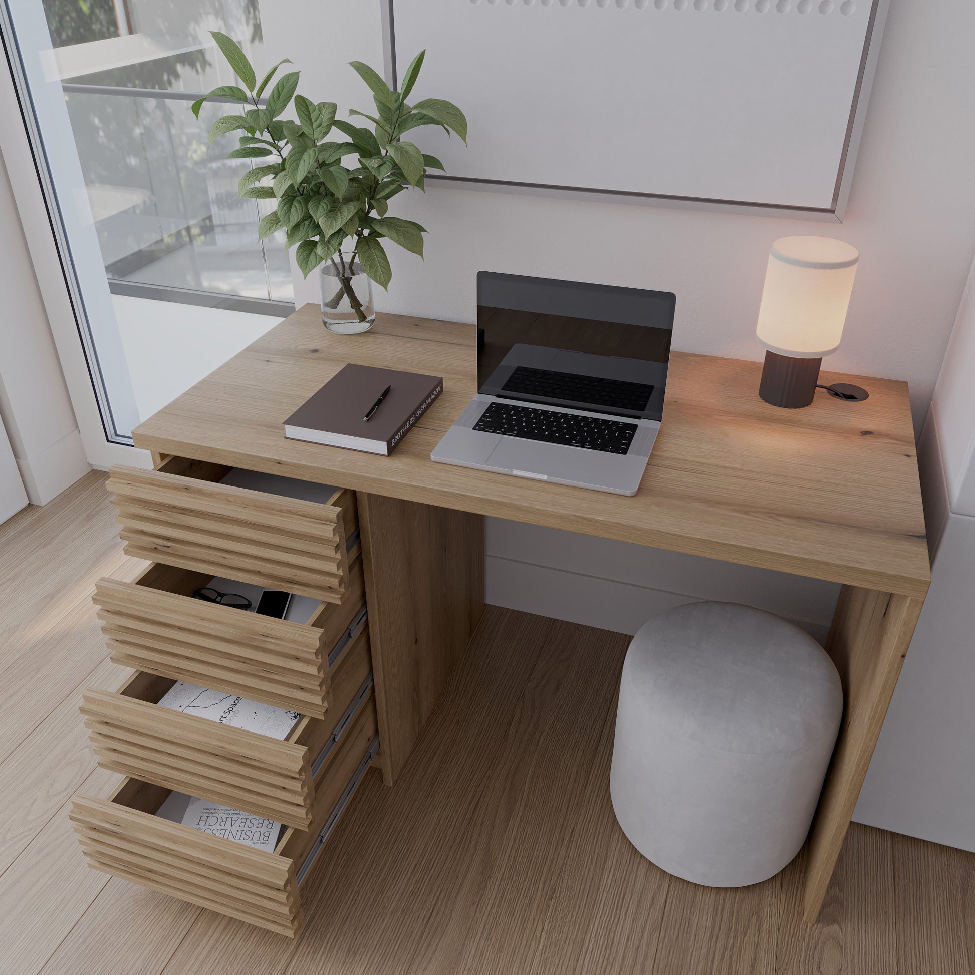 Biurko Bisett 120x60 cm dąb artisan z 4 szufladami i przepustem kablowym. Kompaktowe rozwiązanie do laptopa i małych przestrzeni domowego biura