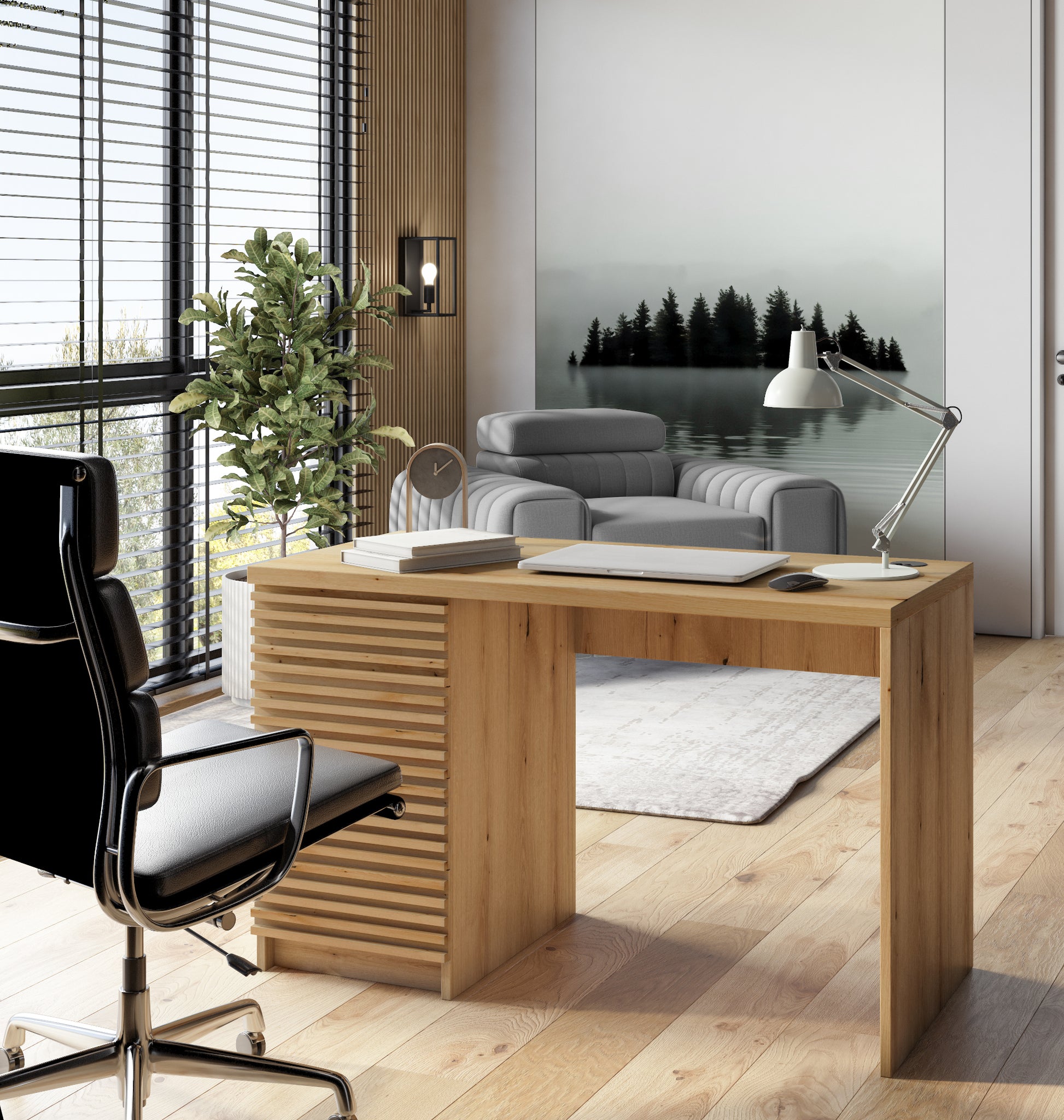 Biurko Bisett 140x60 cm – idealne do pracy hybrydowej! Stylowy dąb artisan, nowoczesny design z lamelowym frontem. Funkcja i forma w jednym.