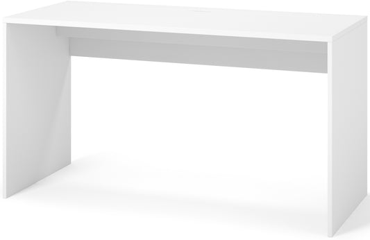 Białe biurko Nevy 140x60 cm z ukrytym schowkiem na kable – minimalistyczny design, idealne do nowoczesnego biura lub pokoju młodzieżowego