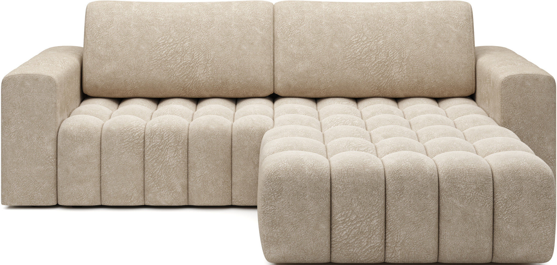 Narożnik Bonett w kolorze Dora 21 beżowy – widok frontowy, układ prawy.