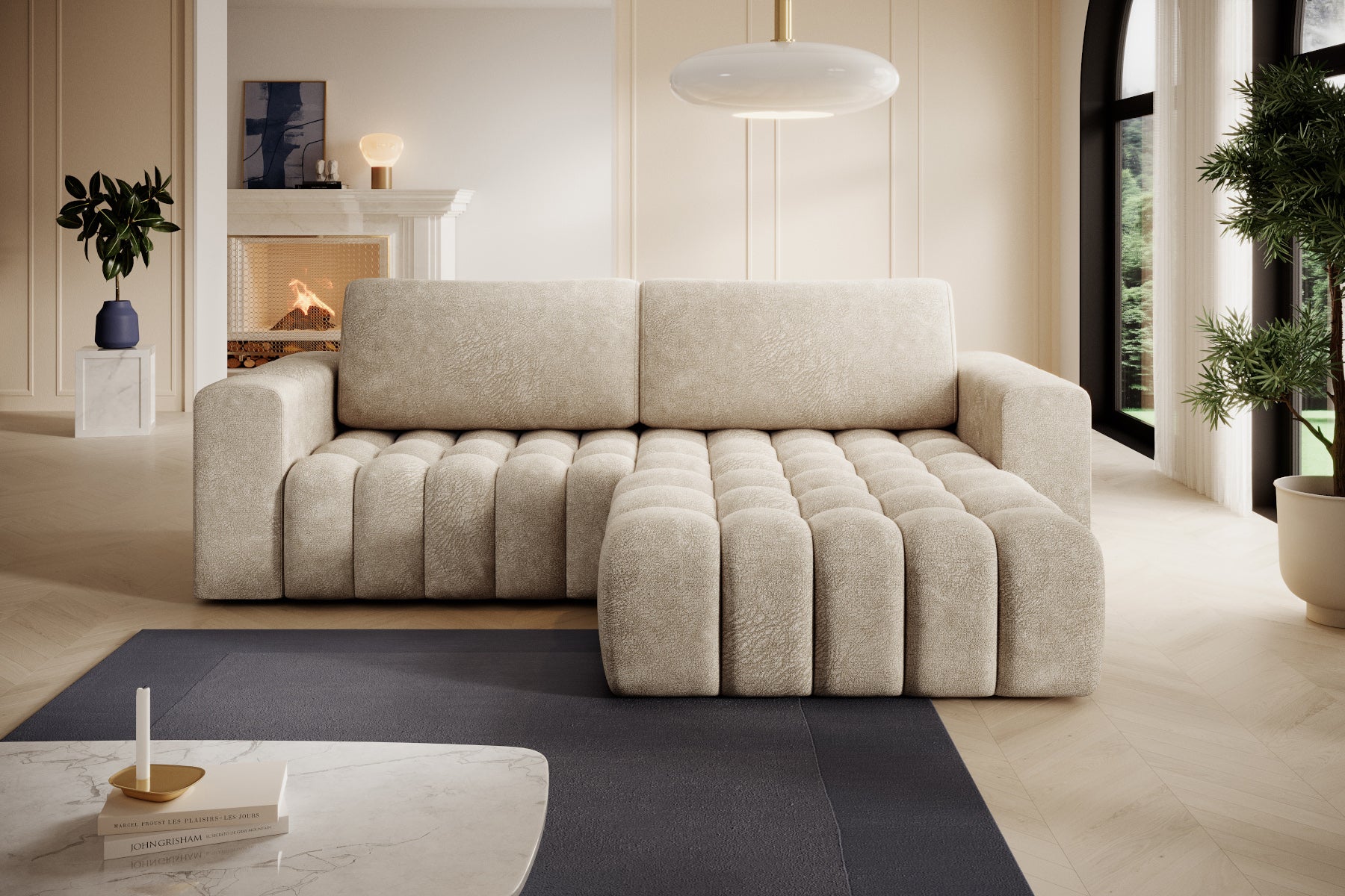 Bonett Dora 21 beżowy w aranżacji salonu, szezlong po prawej stronie.