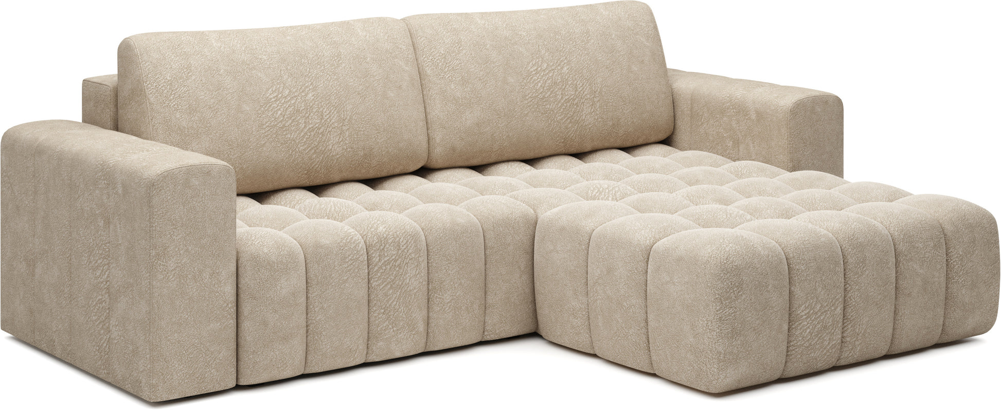 Widok na kształt L z szezlongiem po prawej – narożnik Bonett, tkanina Dora 21 beżowy.